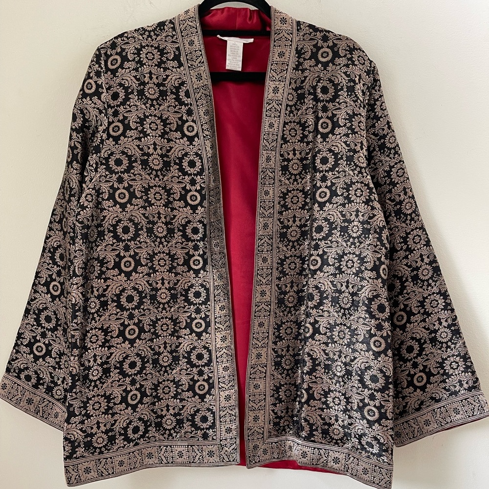 SOFT SURROUNDINGS Black Metallic Kimono Brocade Evening Jacket L Academia